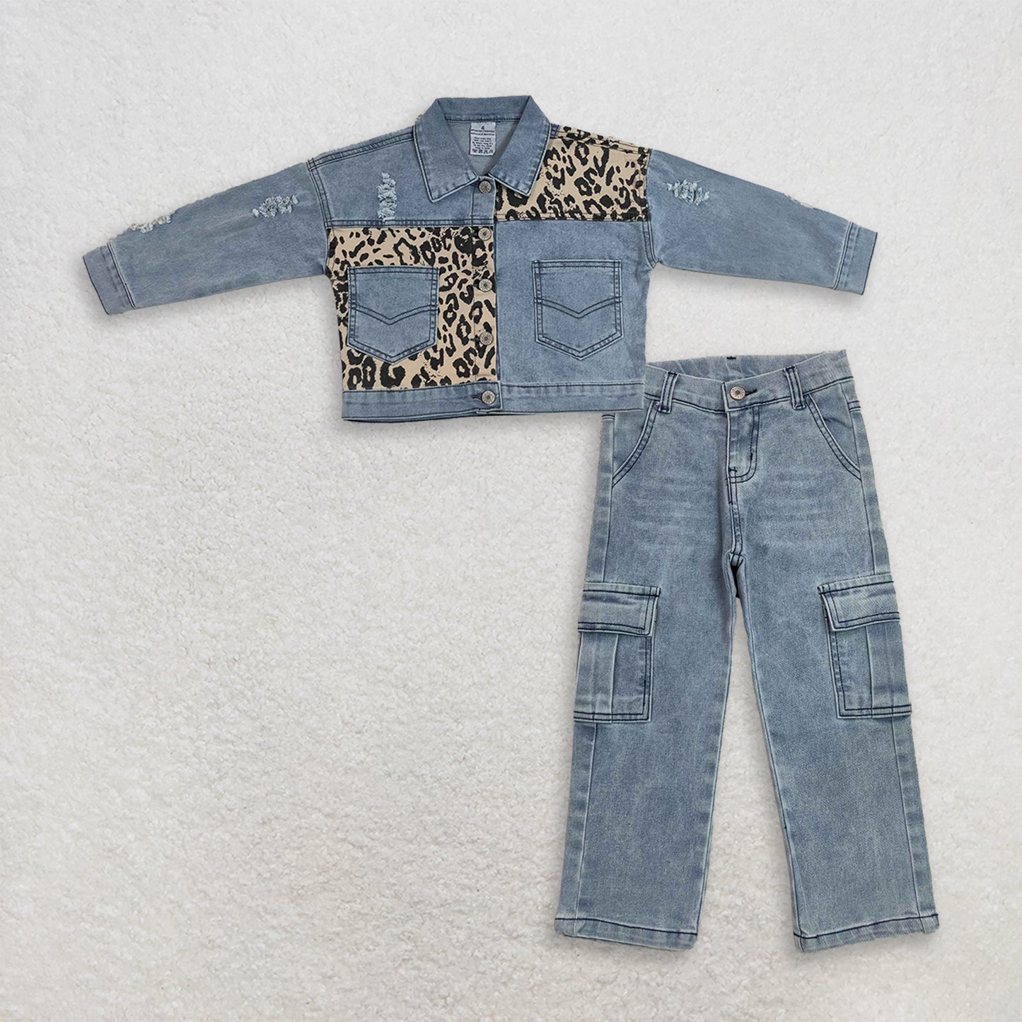 RTS NO MOQ milk silk GT1730+P1049 Baby Girls Leopard Print Patch Blue Long Sleeve Pocket Denim Jacket Denim Pants Matching Set