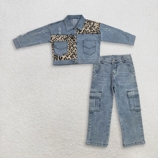 RTS NO MOQ milk silk GT1730+P1049 Baby Girls Leopard Print Patch Blue Long Sleeve Pocket Denim Jacket Denim Pants Matching Set