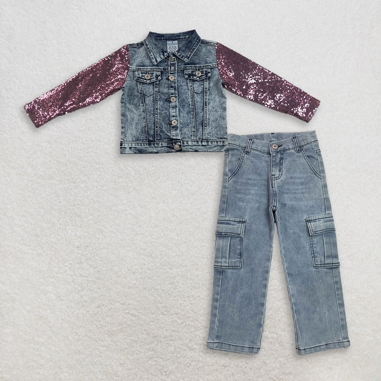 RTS NO MOQ milk silk GT1731+P1049 Baby Girls Sequin Long Sleeve Blue Denim Jacket Jeans Matching Set