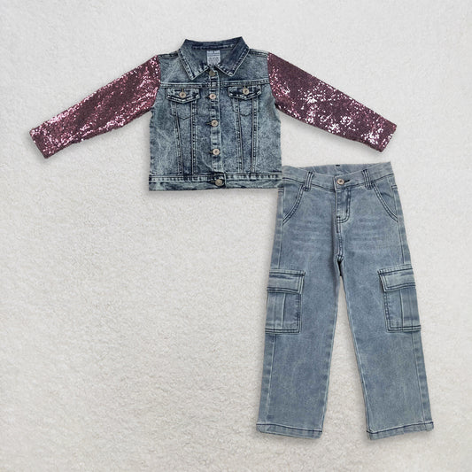 RTS NO MOQ milk silk GT1731+P1049 Baby Girls Sequin Long Sleeve Blue Denim Jacket Jeans Matching Set