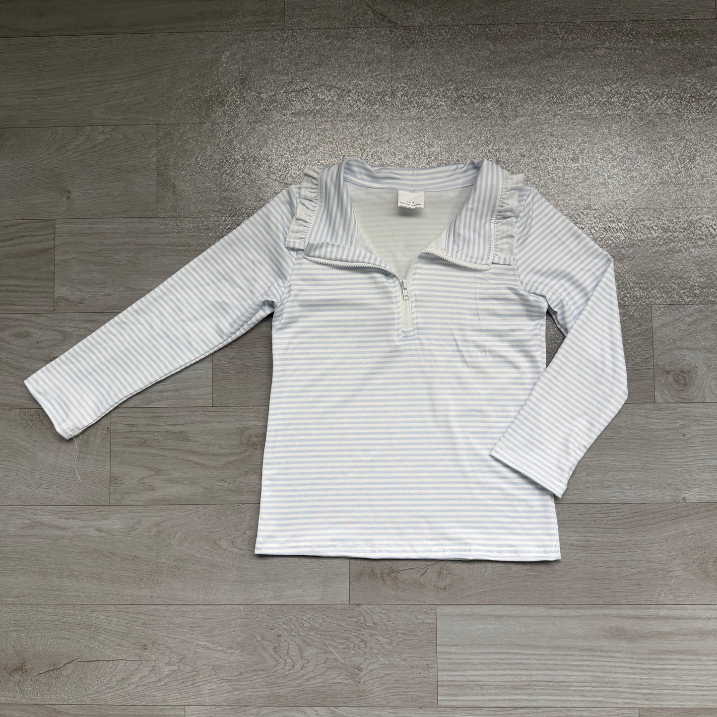 (Sample) No moq milk silk GT1755 Baby Girls Long Sleeve Blue Stripe Zip Pullovers Casual Top