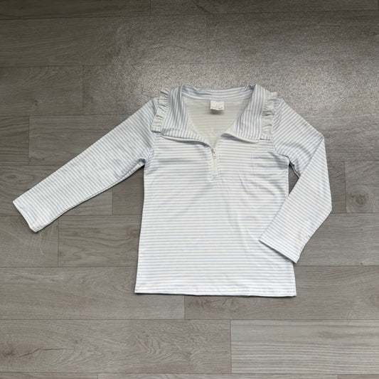 (Sample) No moq milk silk GT1755 Baby Girls Long Sleeve Blue Stripe Zip Pullovers Casual Top