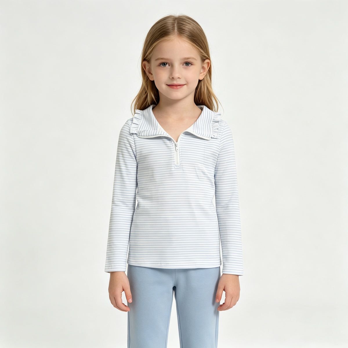 (Sample) No moq milk silk GT1755 Baby Girls Long Sleeve Blue Stripe Zip Pullovers Casual Top