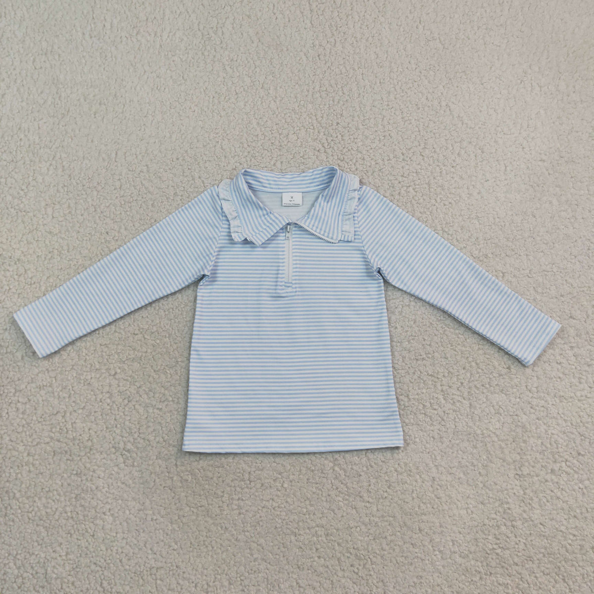 RTS NO MOQ Sibling milk silk Baby Girls Boys Blue White Stripe Collar Long Sleeve Half Zip Top