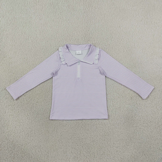 NEW RTS NO MOQ milk silk GT1758 Baby Girls Long Sleeve Lavender Stripe Zip Pullovers Top