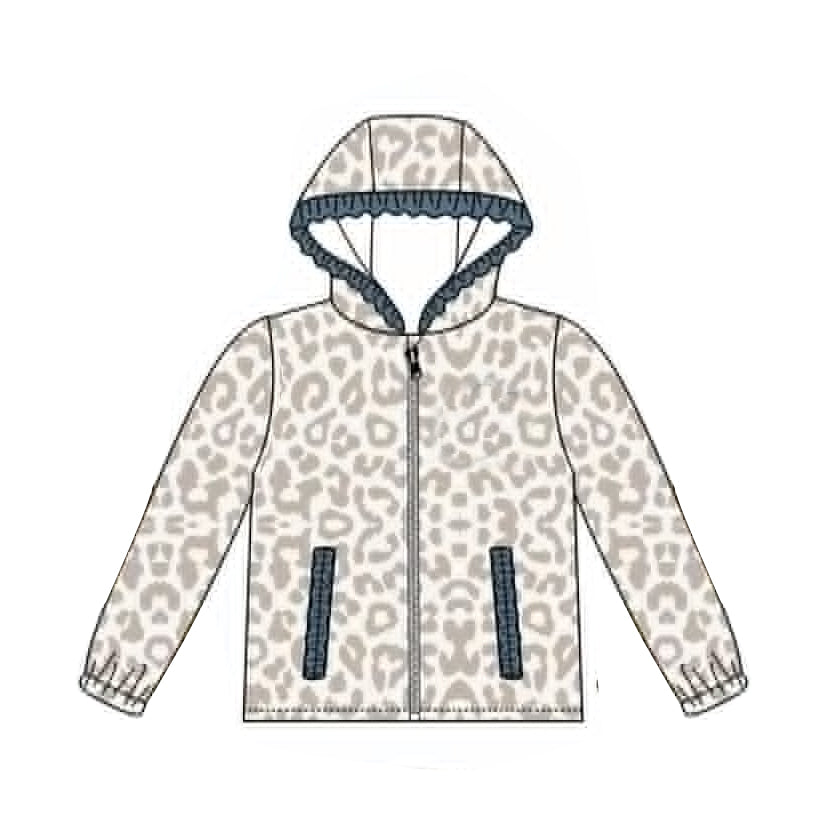 (Preorder new) No moq GT1763 Baby Girls Grey Leopard Print Long Sleeve Zip Pocket Frilly Ruffle Hoodie Top