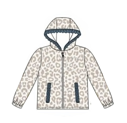 (Preorder new) No moq GT1763 Baby Girls Grey Leopard Print Long Sleeve Zip Pocket Frilly Ruffle Hoodie Top