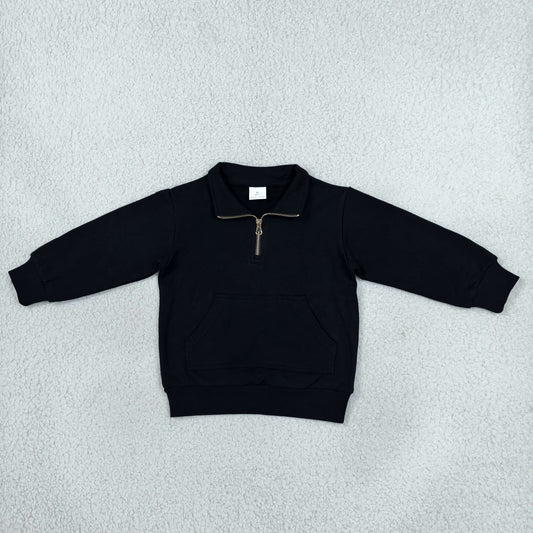 NEW RTS NO MOQ fleece GT1764 Baby Girls Zip Pocket Black Long Sleeve Sweater Pullovers Top