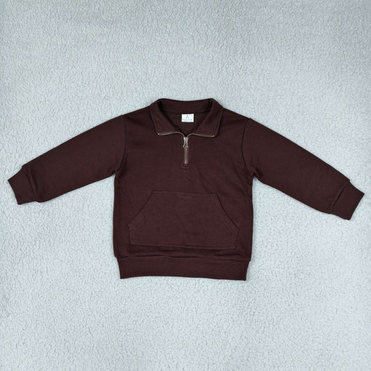 NEW RTS NO MOQ fleece GT1766 Baby Girls Zip Pocket Brown Long Sleeve Sweater Pullovers Top