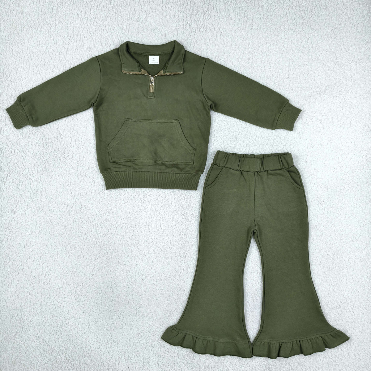NEW RTS NO MOQ fleece GLP3489（GT1767+P1075）Baby Girls Olive Zip Pockets Top Ruffle Flare Pant Sweater Clothes Set Cute Casual Outfit