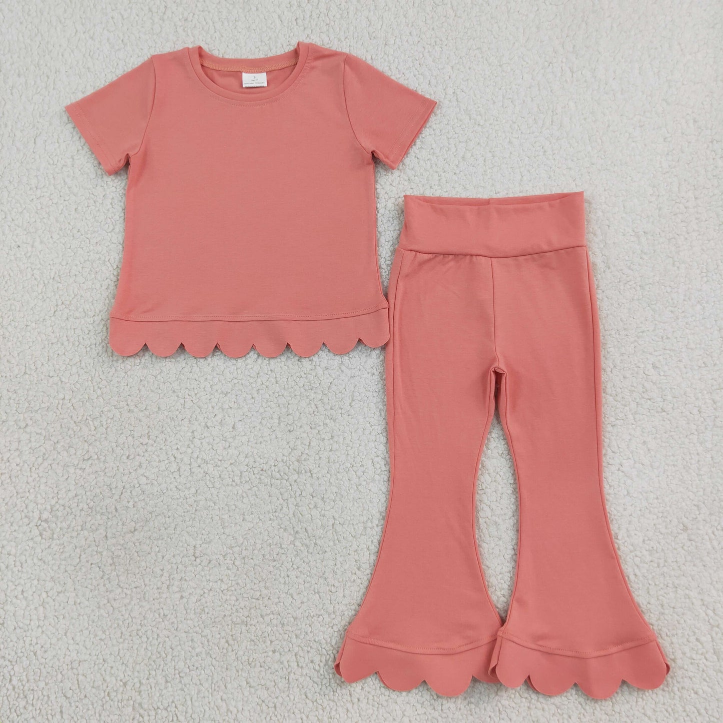 NEW RTS NO MOQ cotton GSPO2338（GT1768+P1076）Baby Girls Pink Short Sleeve Shirts Top Flare Pant Scallop Outfit