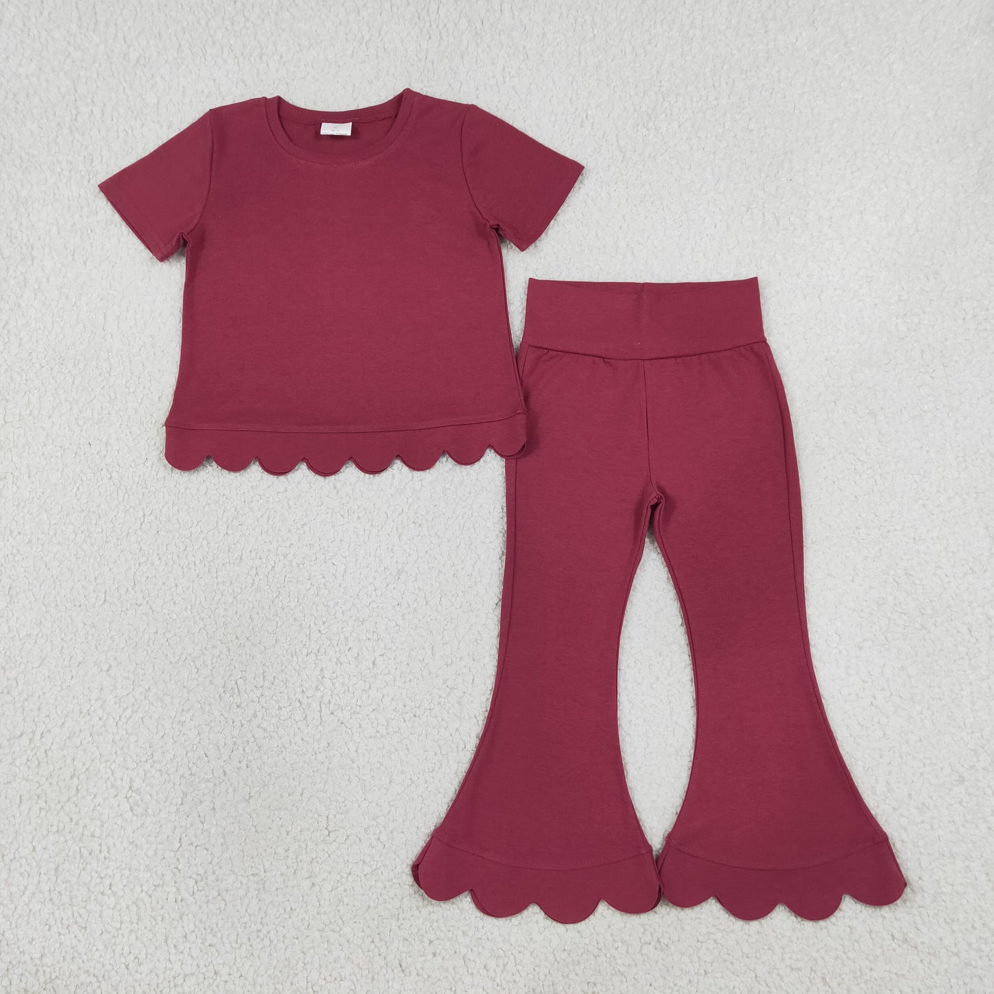 NEW RTS NO MOQ cotton GSPO2341（GT1771+P1079）Baby Girls Red Short Sleeve Shirts Top Flare Pant Scallop Sets