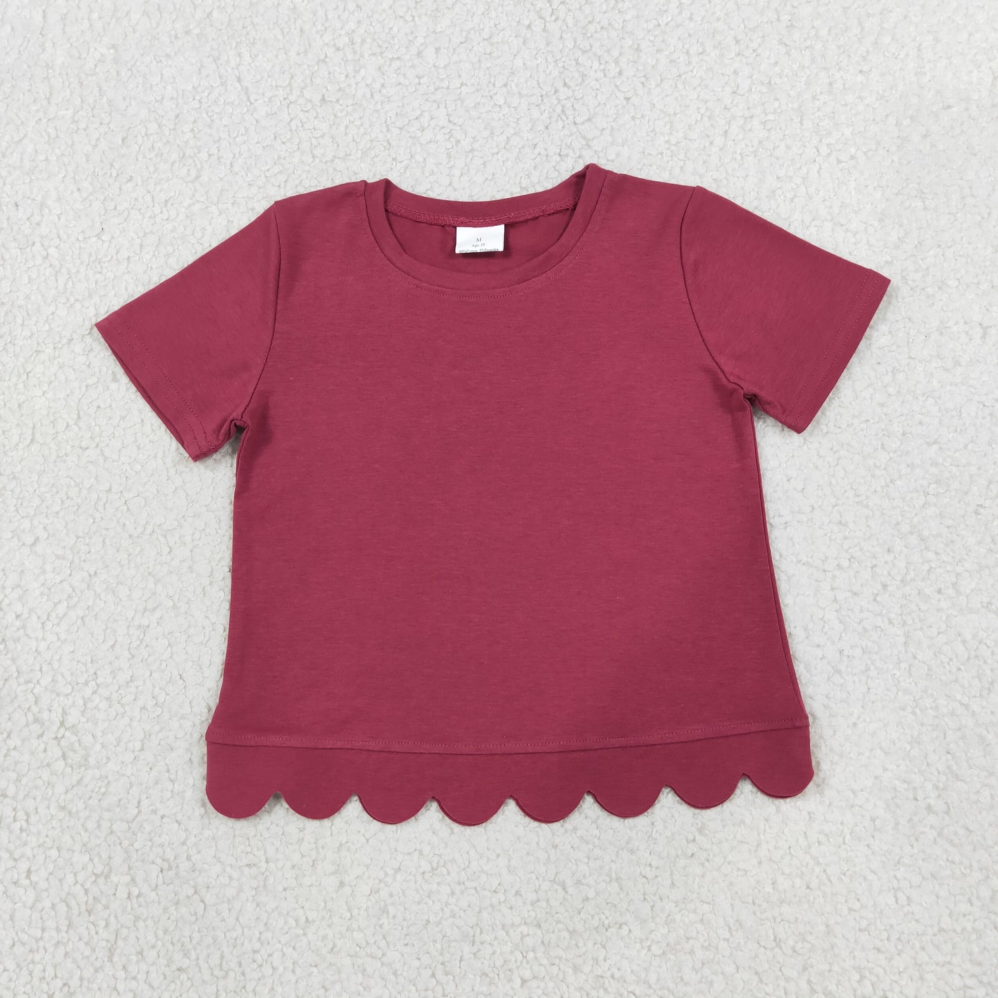 NEW RTS NO MOQ cotton GT1771 Baby Girls Red  Short Sleeve Scallop T‑shirts Top Summer Spring Casual Pullover Tees