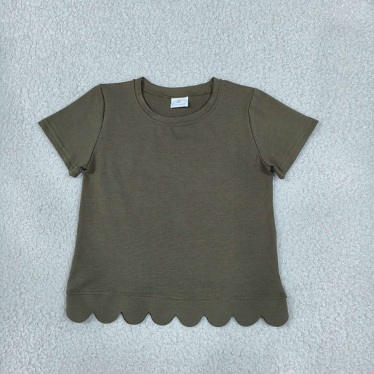 NEW RTS NO MOQ cotton GT1772 Baby Girls Olive Short Sleeve Scallop T‑shirts Top Summer Spring Casual Pullover Tees