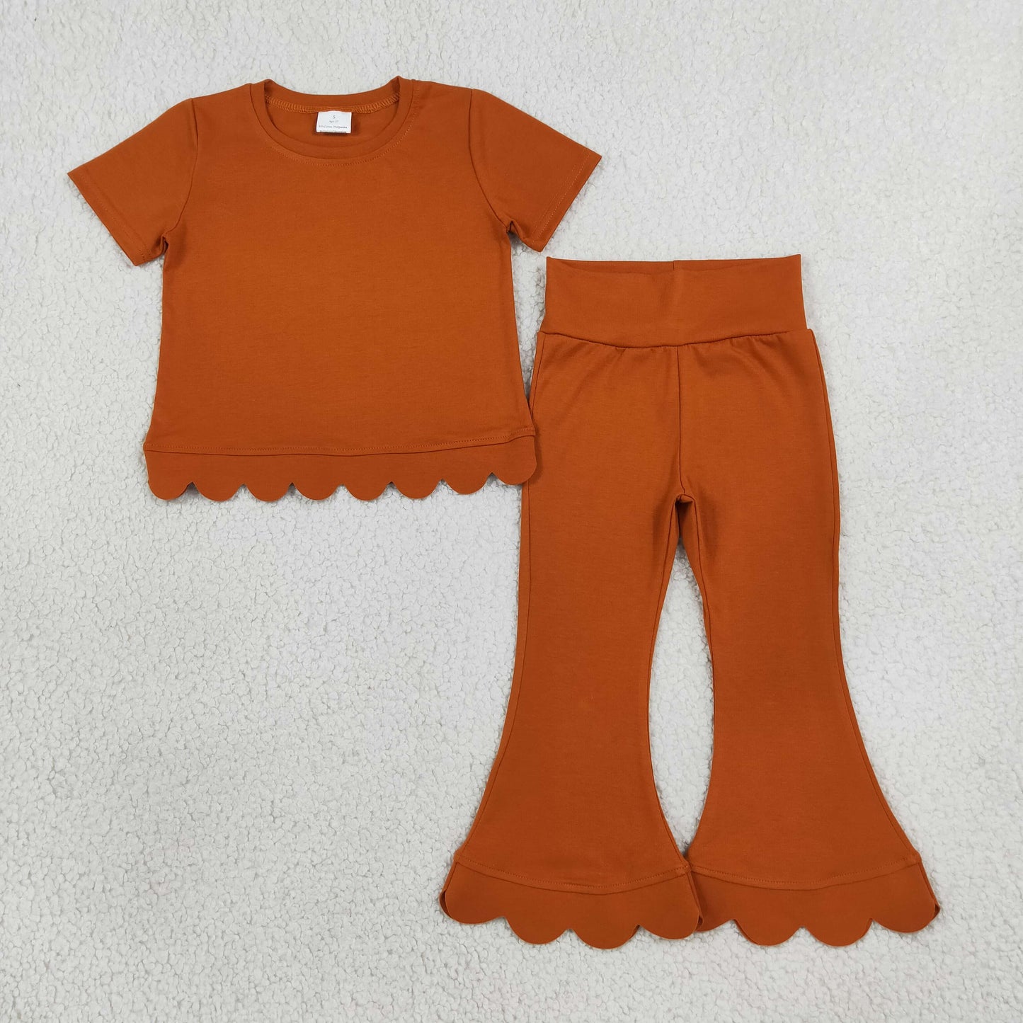 RTS NO MOQ Sibling cotton Baby Girls Solid Color Short Sleeve Top Flare Pant Scallop Clothes Sets Spring Summer Casual Outfit