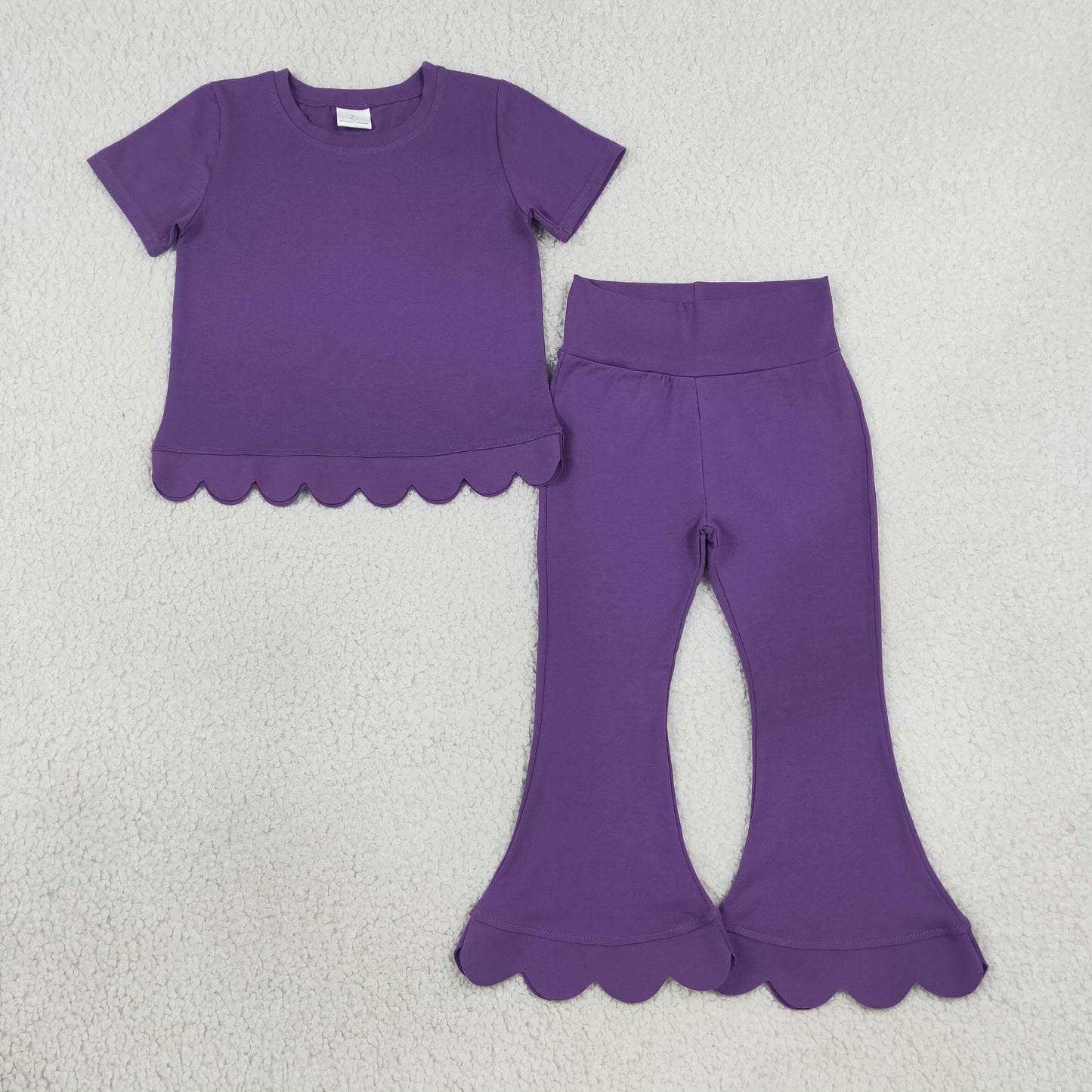 NEW RTS NO MOQ cotton GSPO2346（GT1776+P1084）Baby Girls Purple Short Sleeve Shirts Top Flare Pant Scallop Sets