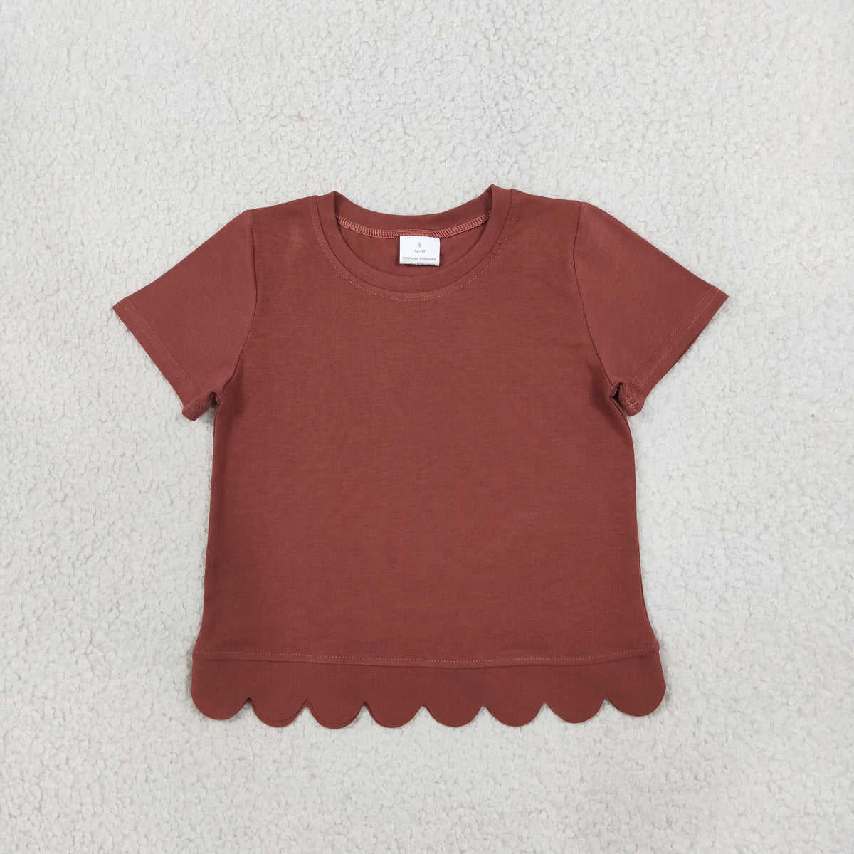 NEW RTS NO MOQ cotton GT1777 Baby Girls Brown Short Sleeve Scallop T‑shirts Top Summer Spring Casual Pullover Tees