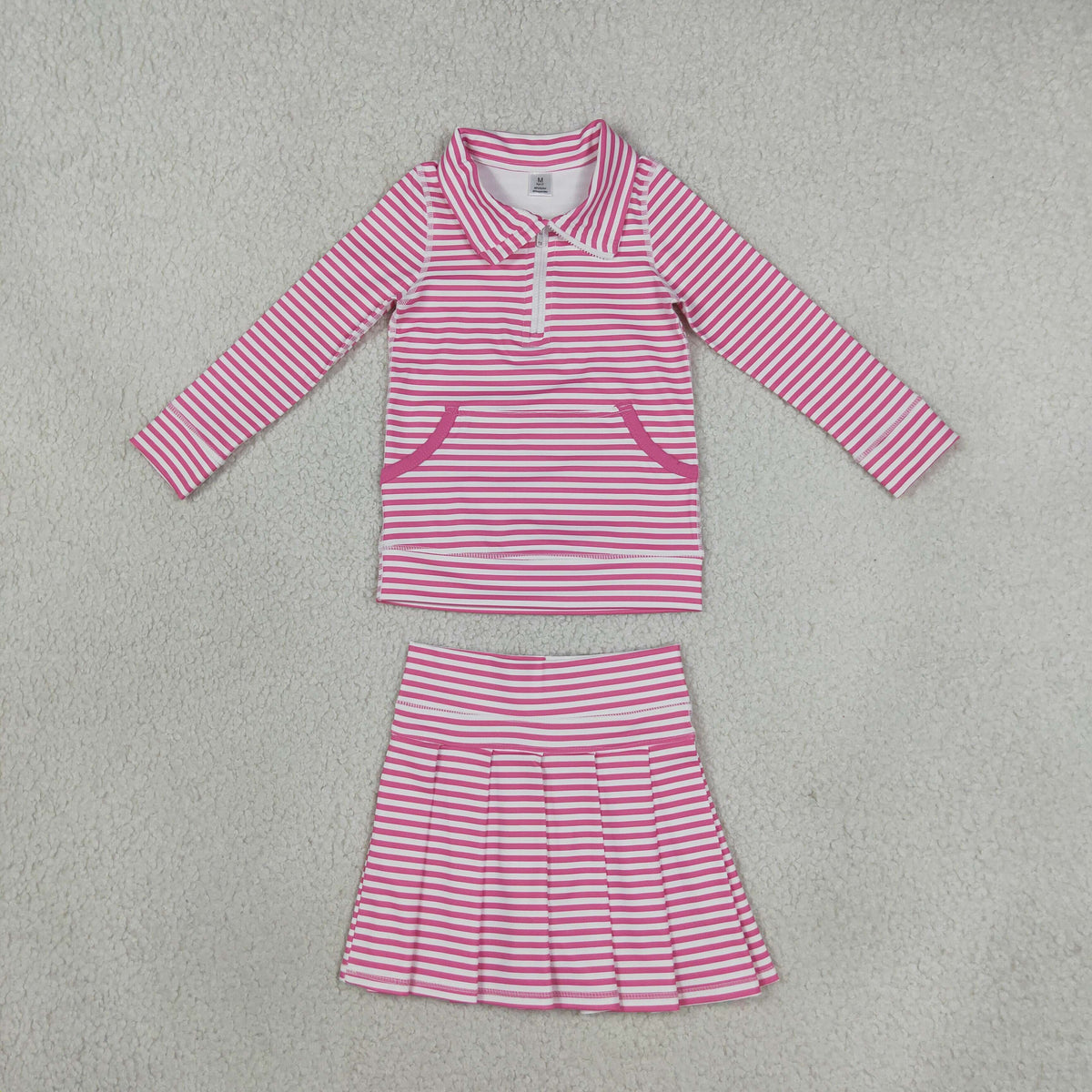 NEW RTS NO MOQ yoga fabric GLD1699(GT1783+GLK0335) Yoga Baby Girls Pink White Striped Half Zip Pocket Long Sleeve Top And Skort Yoga Set
