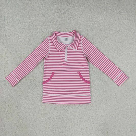 NEW RTS NO MOQ yoga fabric GT1783 Yoga Baby Girls Pink White Striped Team Print Zipper Pullover Yoga  Top