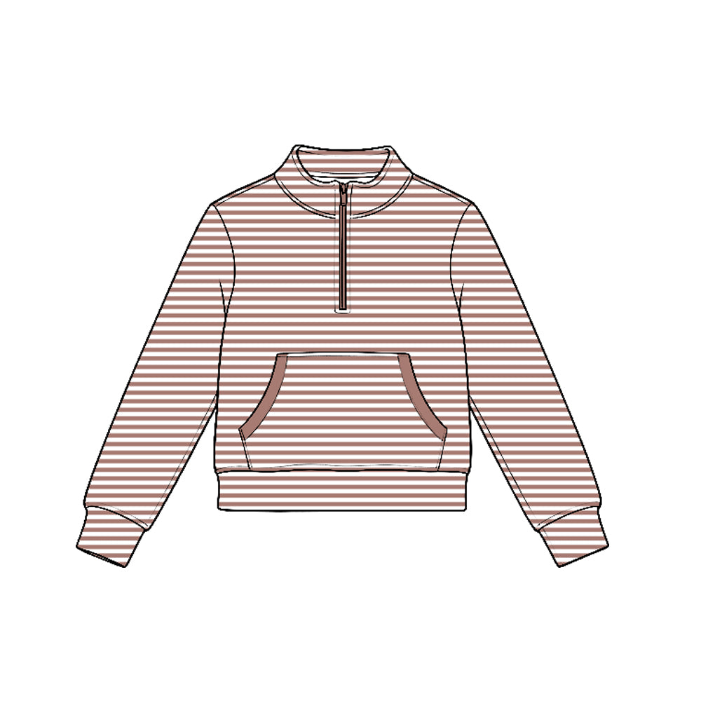 (Preorder new) No moq Yoga Toddler Girls Stripe Zip Front Pocket Long Sleeve Pullover Top Pleated Skirt Yoga Active Outfit Set