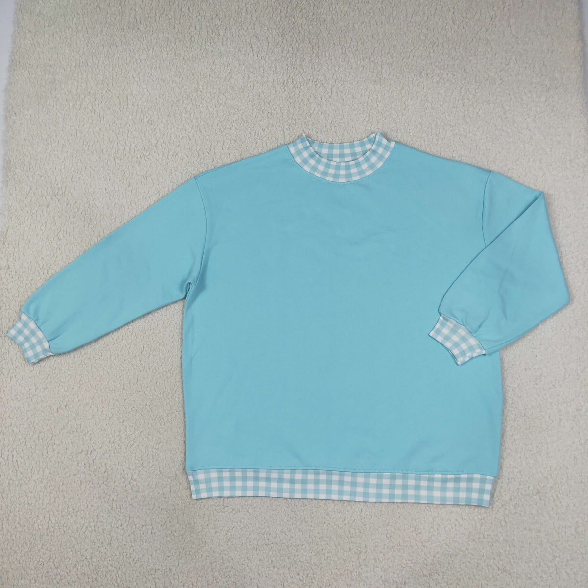 NEW RTS NO MOQ milk silk GT1795 Sweatshirt Material Adult Women Light Blue Sweater Gingham Tee Shirts Tops Casual Wear