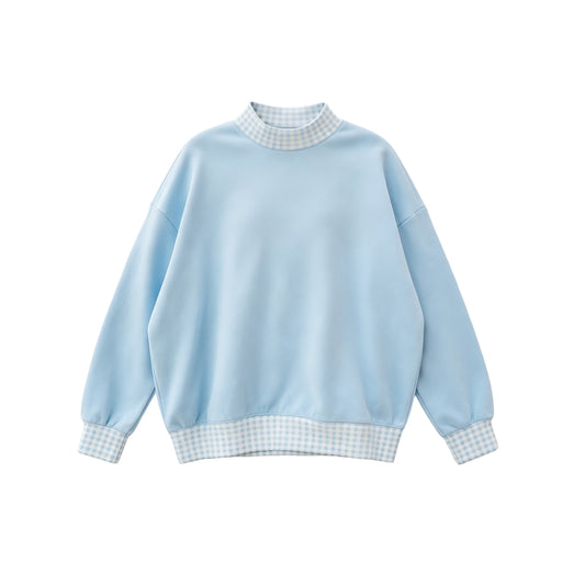 (Preorder new) No moq GT1795 Sweatshirt Material Adult Women Light Blue Sweater Gingham Tee Shirts Tops Casual Daily Wear Top