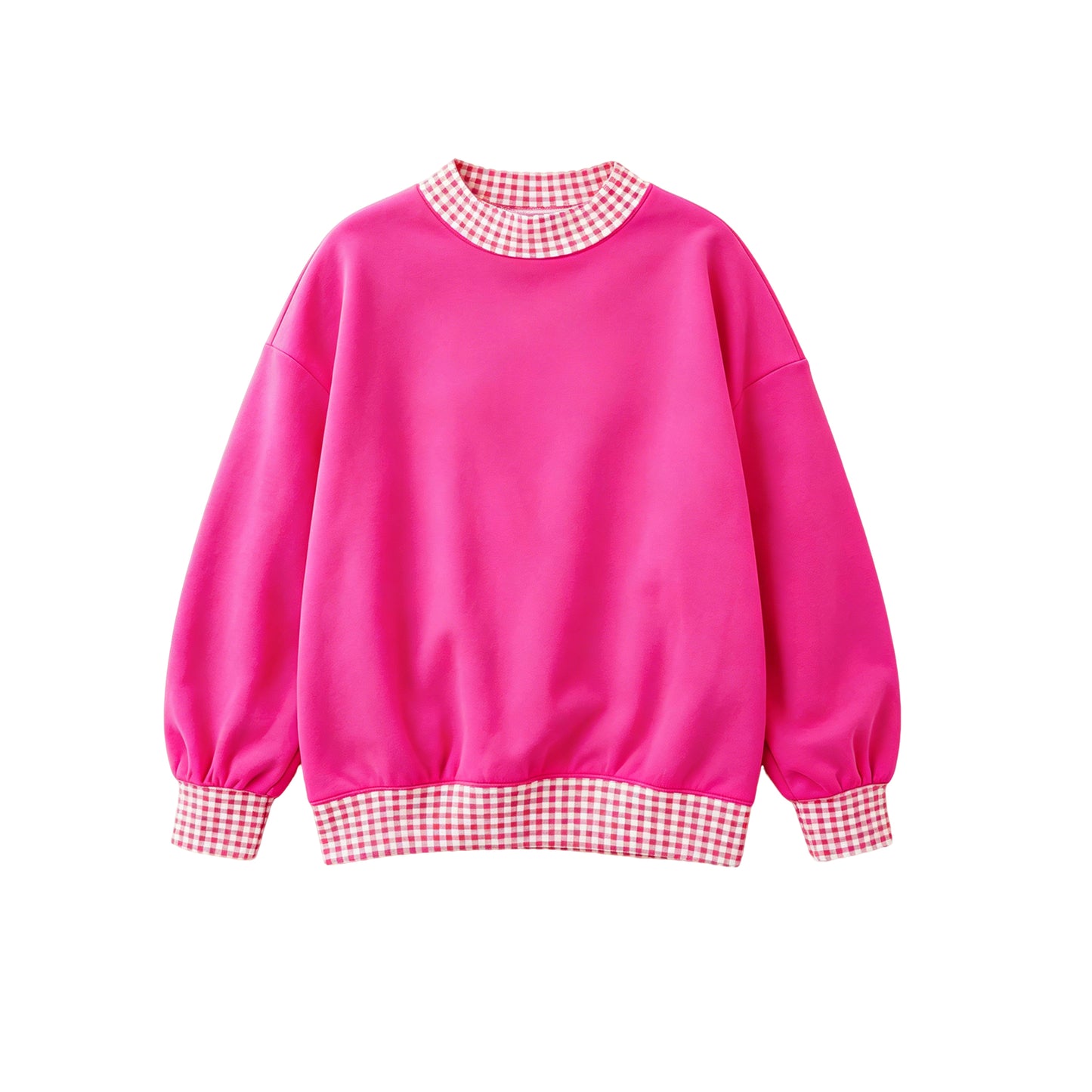 (Preorder new) No moq GT1796 Sweatshirt Material Adult Women Hot Pink Sweater Gingham Tee Shirts Tops Casual Daily Wear Top