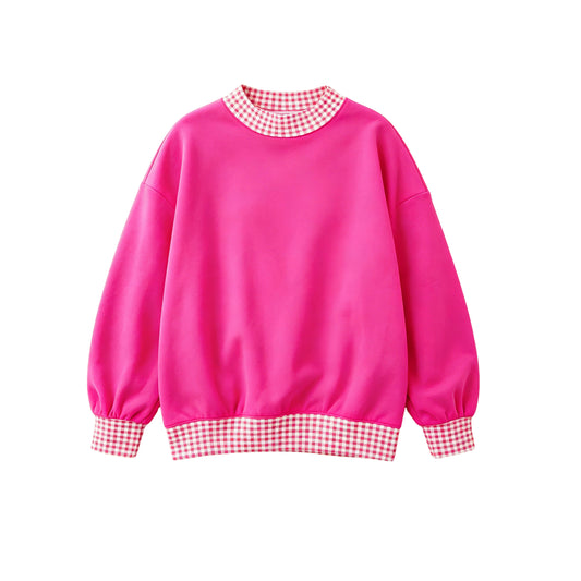 (Preorder new) No moq GT1796 Sweatshirt Material Adult Women Hot Pink Sweater Gingham Tee Shirts Tops Casual Daily Wear Top