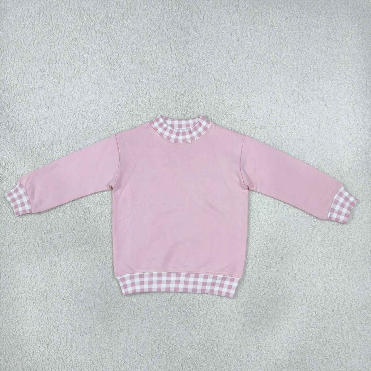 RTS NO MOQ Sibling fleece Baby Girls Solid Color Long Sleeve Sweatshirt With Gingham Check Trim Collar Cuff Hem