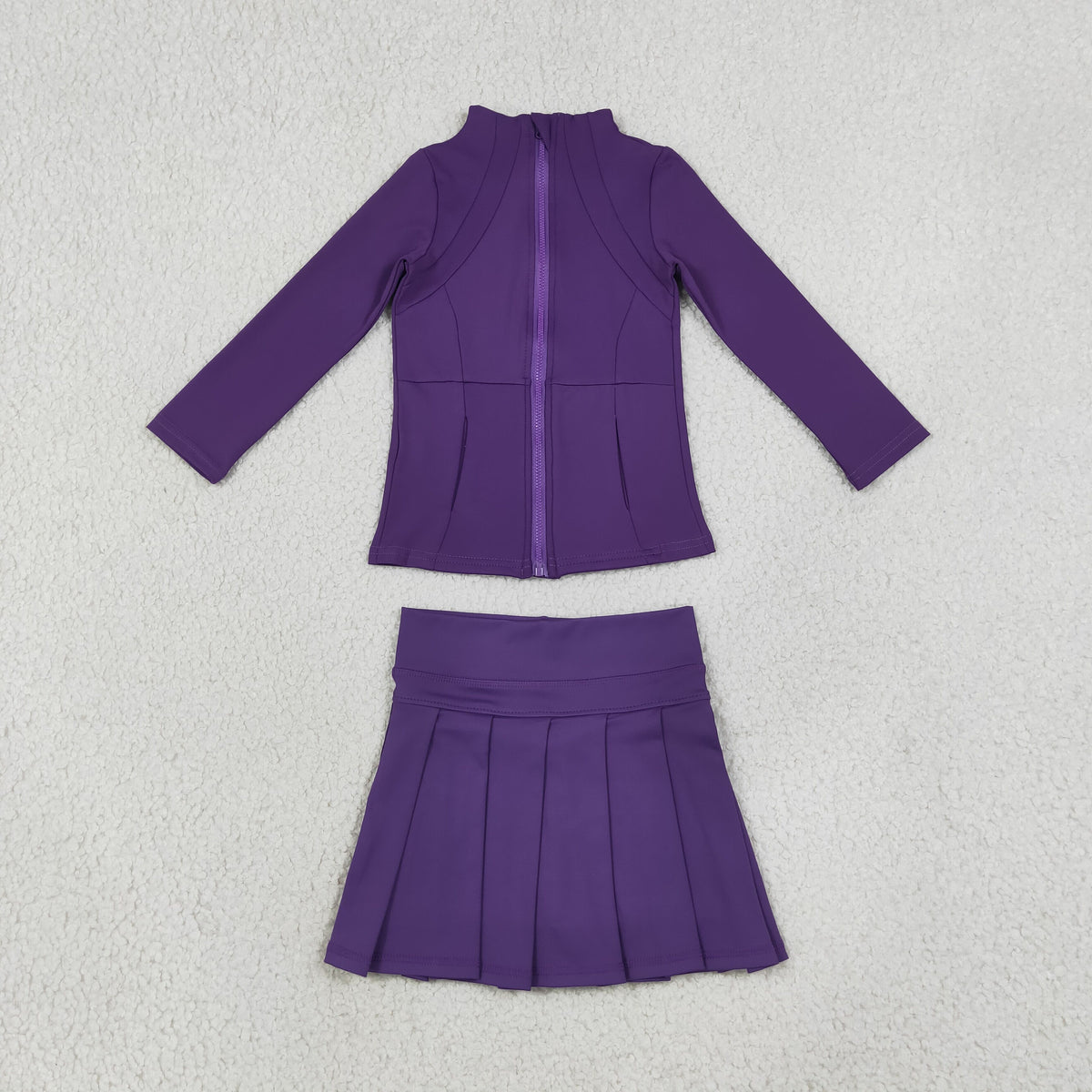 NEW RTS NO MOQ yoga fabric cotton GLD1704(GT1803+GLK0086) Yoga Toddler Girls Purple Zip  Long Sleeve Top Skorts Bottom Pleated Skirts Yoga Set