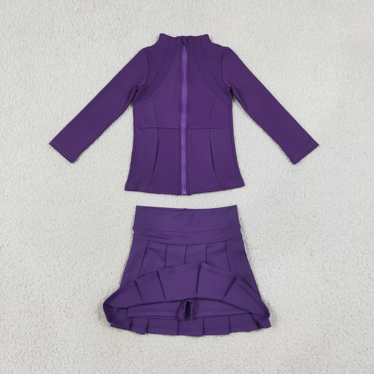 NEW RTS NO MOQ yoga fabric cotton GLD1704(GT1803+GLK0086) Yoga Toddler Girls Purple Zip  Long Sleeve Top Skorts Bottom Pleated Skirts Yoga Set