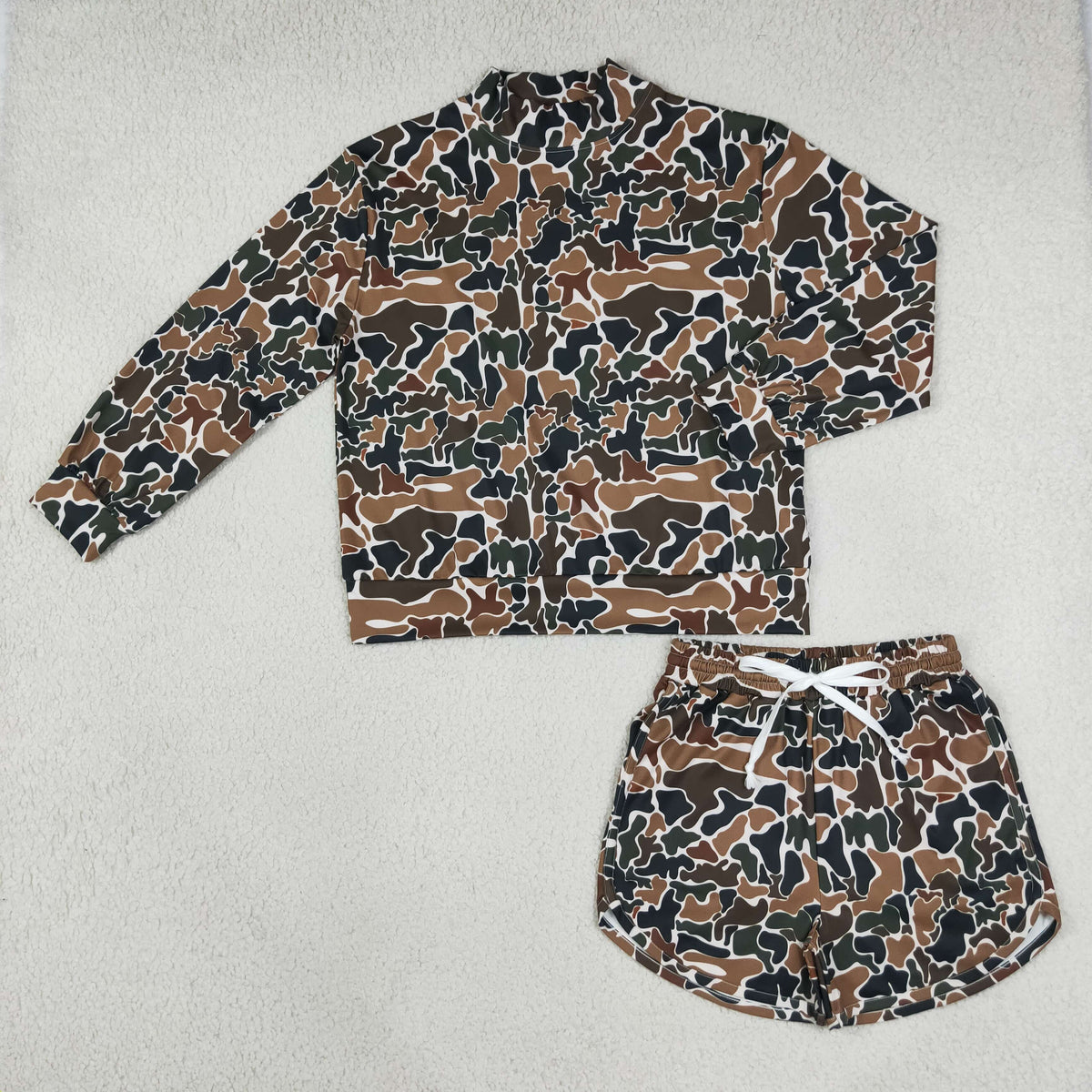 NEW RTS NO MOQ yoga fabric GLS0185（GT1817+SS0988）Yoga Adult Women High Neck Dark Brown Camo Long Sleeve Top Pockets Shorts Yoga Set