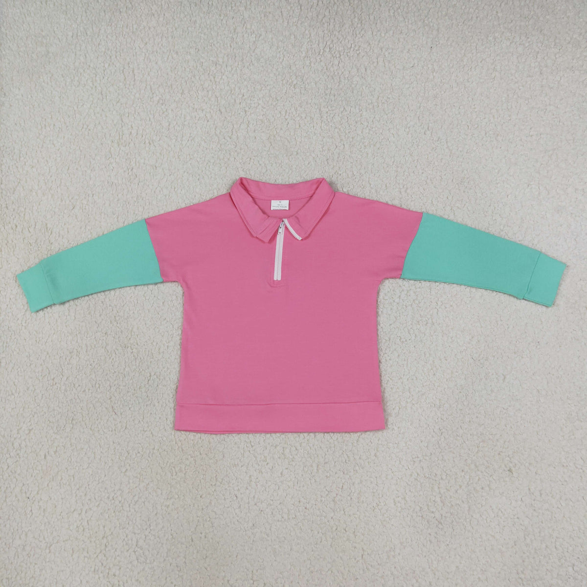 NEW RTS NO MOQ cotton GT1820 Baby Girls Long Sleeve Pink Aqua Patchwork Zip Pullovers Top Casual Daily Wear