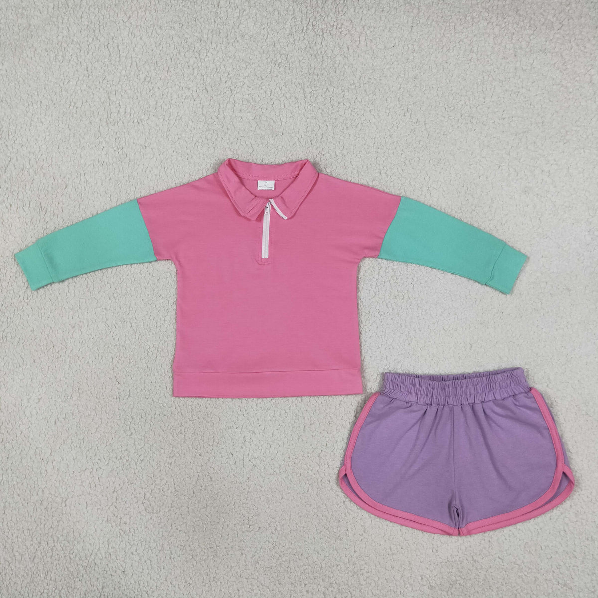 NEW RTS NO MOQ cotton GLS0193（GT1820+SS0991） Baby Girls Patchwork Zip Pullovers Pockets Short Sets