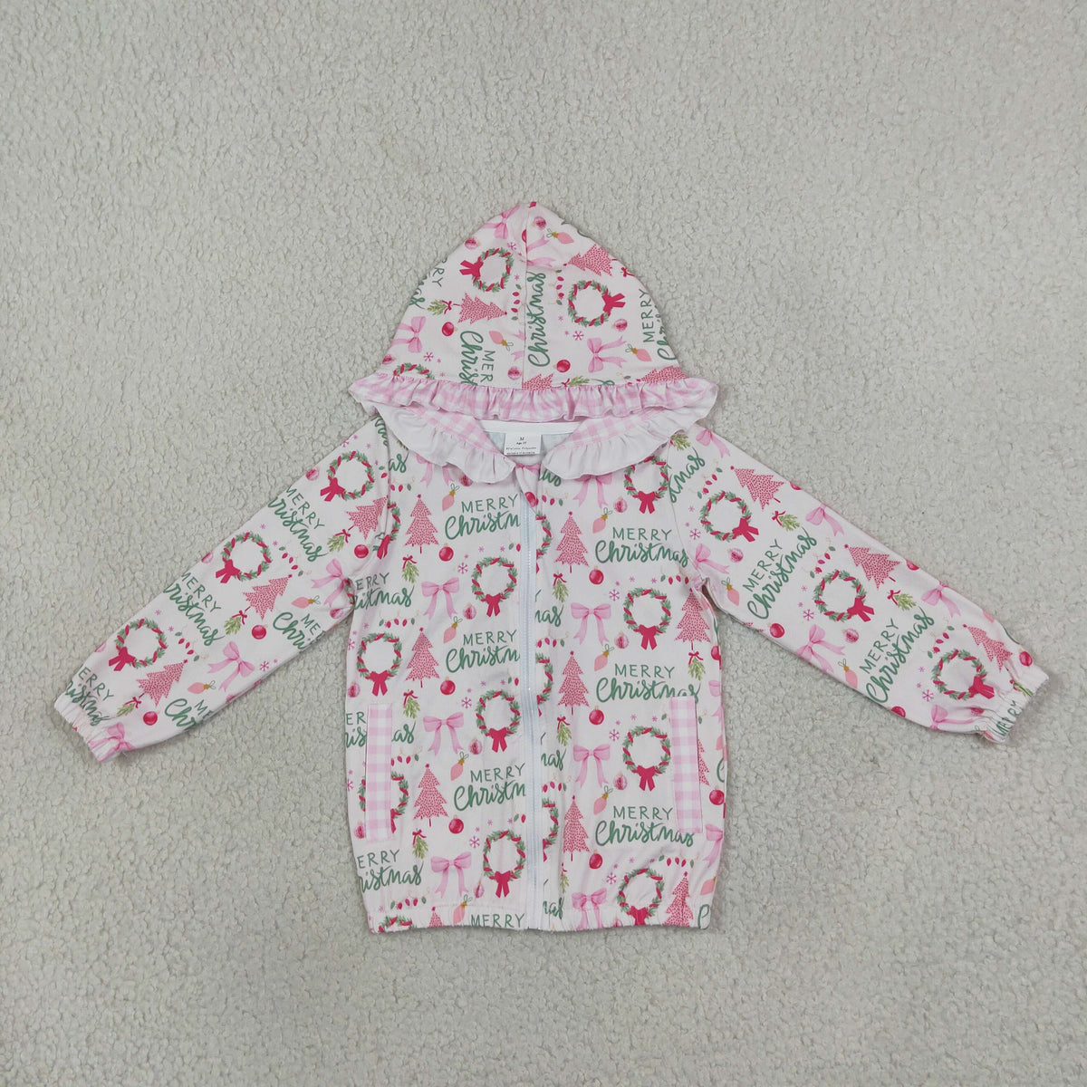 NEW RTS NO MOQ milk silk GT1822 Baby Girls Holly Trees Zip Pockets Ruffle Hoodie Jacket Top