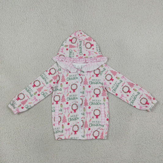 NEW RTS NO MOQ milk silk GT1822 Baby Girls Holly Trees Zip Pockets Ruffle Hoodie Jacket Top