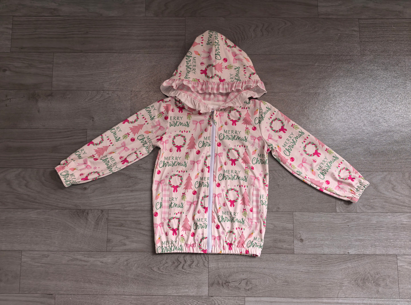 (Sample) No moq milk silk GT1822 Baby Girls Holly Trees Zip Pockets Ruffle Hoodie Jacket Holiday Top