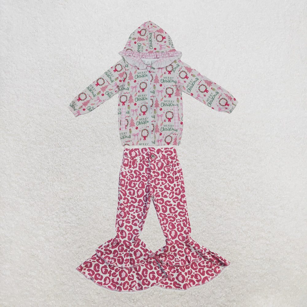 NEW RTS NO MOQ Denim GT1822+P0044 Baby Girls Pink Christmas Print Ruffle Hooded Zip Jacket And Pink Leopard Denim Bell Bottom Pants Set
