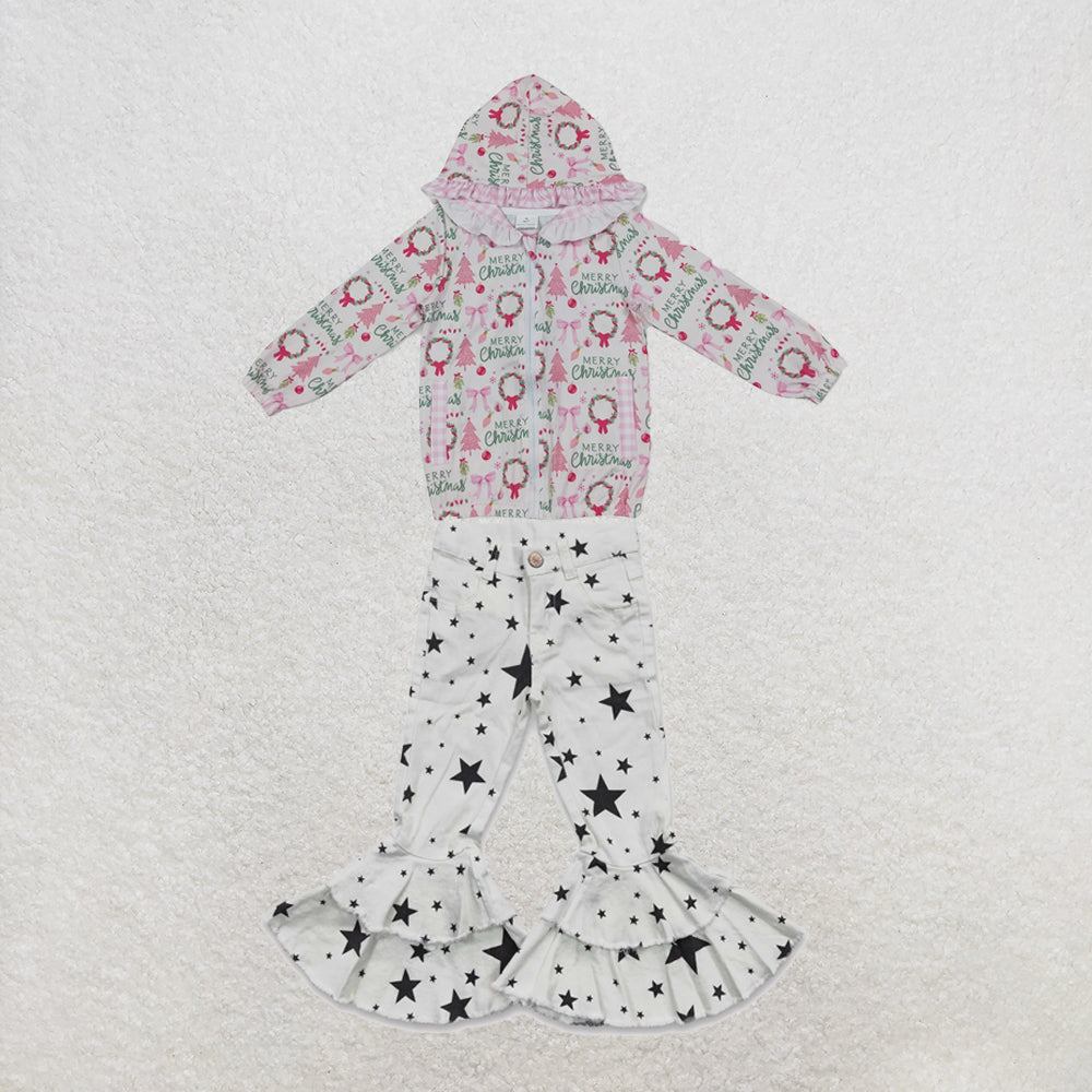 NEW RTS NO MOQ Denim GT1822+P0068 Baby Girls Pink Christmas Print Ruffle Hooded Zip Jacket And Double Star Ruffle Denim Bell Pants Set