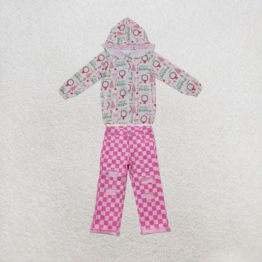 NEW RTS NO MOQ Denim GT1822+P0096 Baby Girls Pink Christmas Print Ruffle Hooded Zip Jacket And Pink Check Denim Pants Set