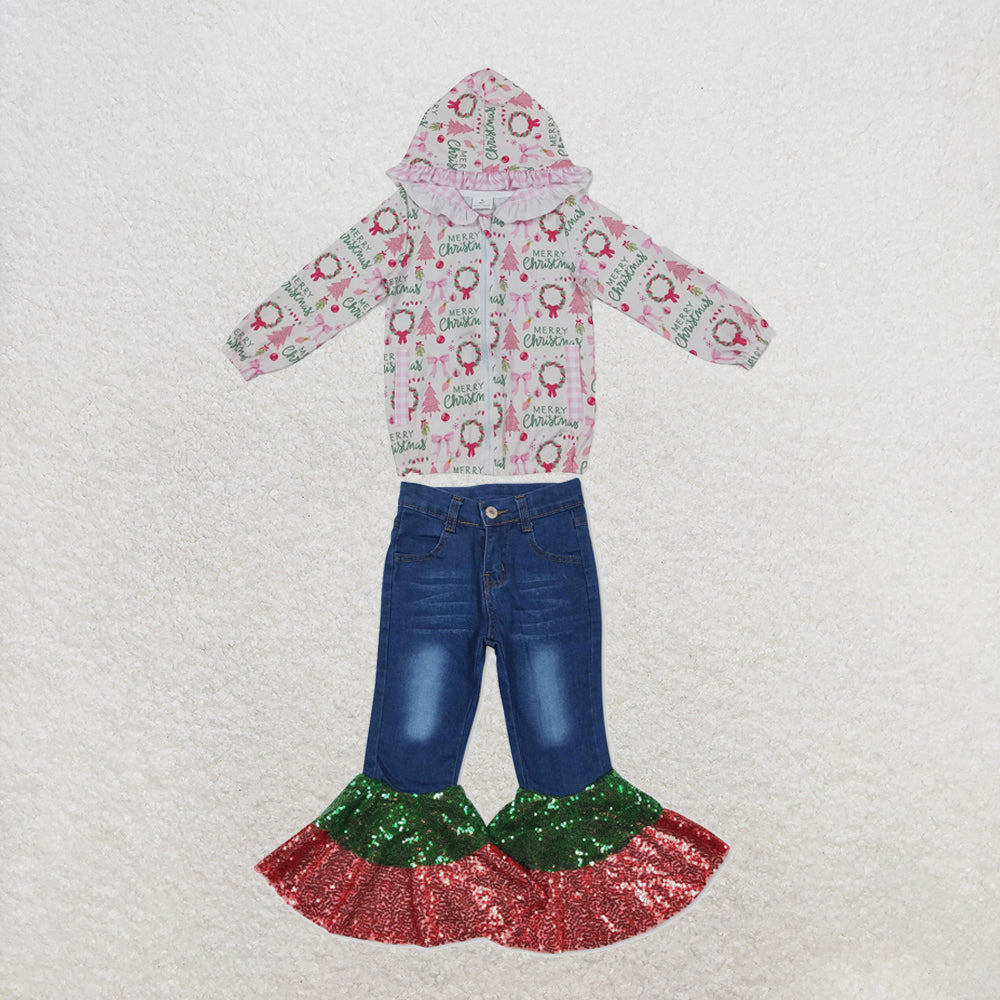 NEW RTS NO MOQ Denim GT1822+P0113 Baby Girls Pink Christmas Print Ruffle Hooded Zip Jacket And Christmas Denim Sequin Denim Bell Bottom Pants Set