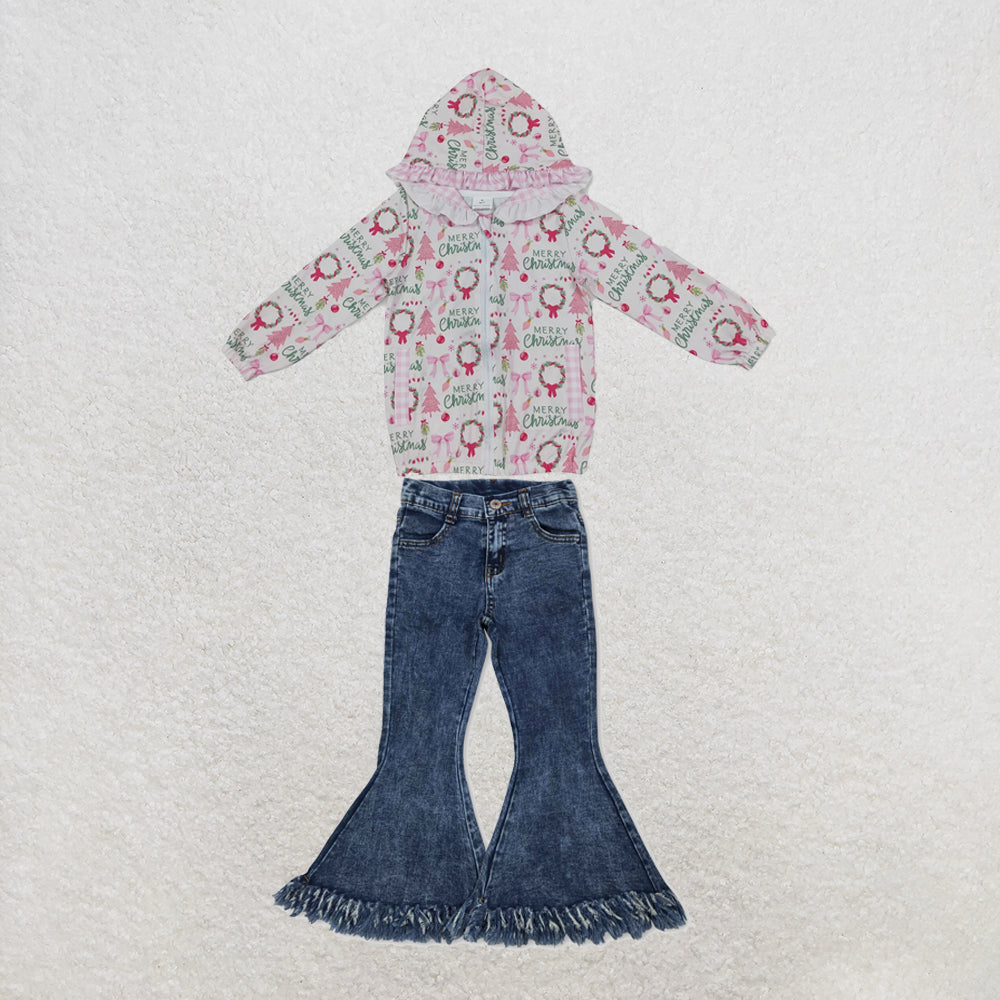 NEW RTS NO MOQ Denim GT1822+P0132 Baby Girls Pink Christmas Print Ruffle Hooded Zip Jacket And Navy Tassel Denim Bell Bottom Pants Set