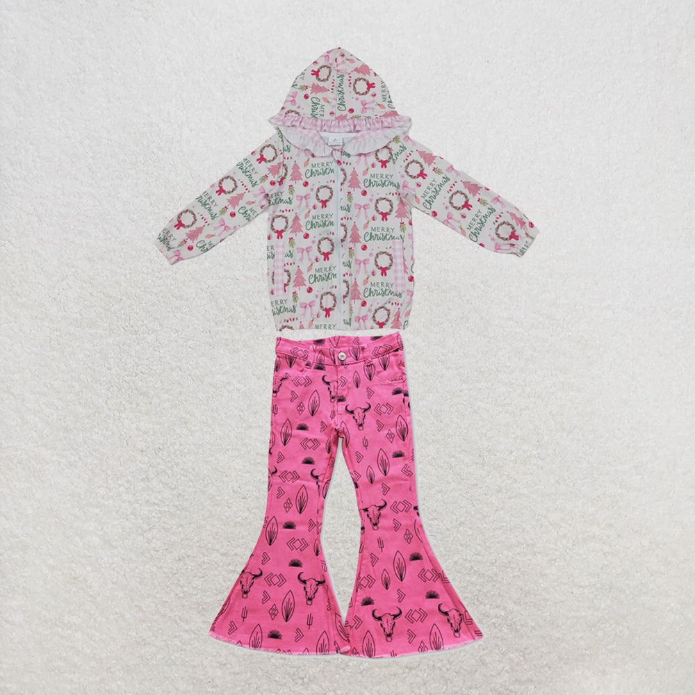 NEW RTS NO MOQ Denim GT1822+P0159 Baby Girls Pink Christmas Print Ruffle Hooded Zip Jacket And Western Pink Cow Denim Bell Bottom Pants Set