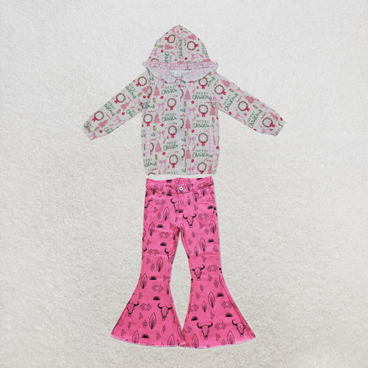 NEW RTS NO MOQ Denim GT1822+P0159 Baby Girls Pink Christmas Print Ruffle Hooded Zip Jacket And Western Pink Cow Denim Bell Bottom Pants Set