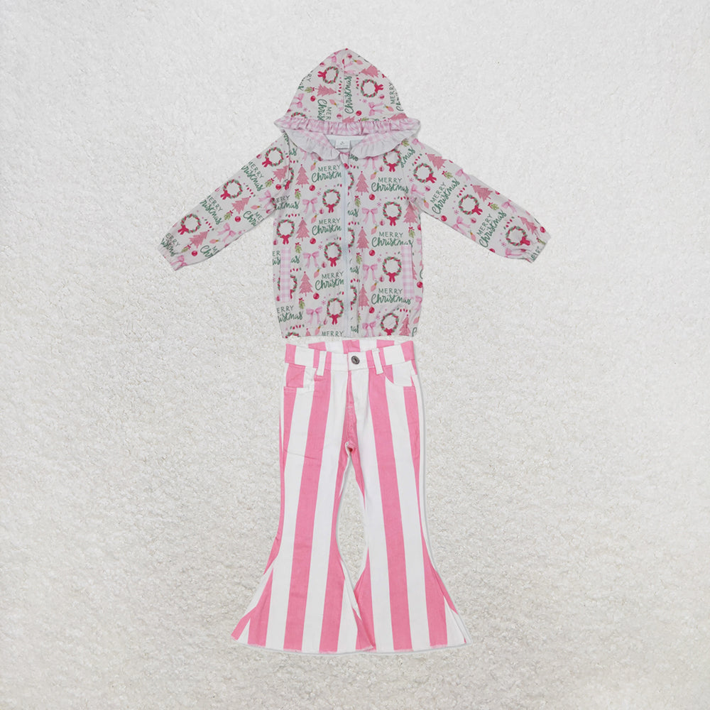 NEW RTS NO MOQ Denim GT1822+P0315 Baby Girls Pink Christmas Print Ruffle Hooded Zip Jacket And Pink Stripes Denim Bell Bottom Pants Set