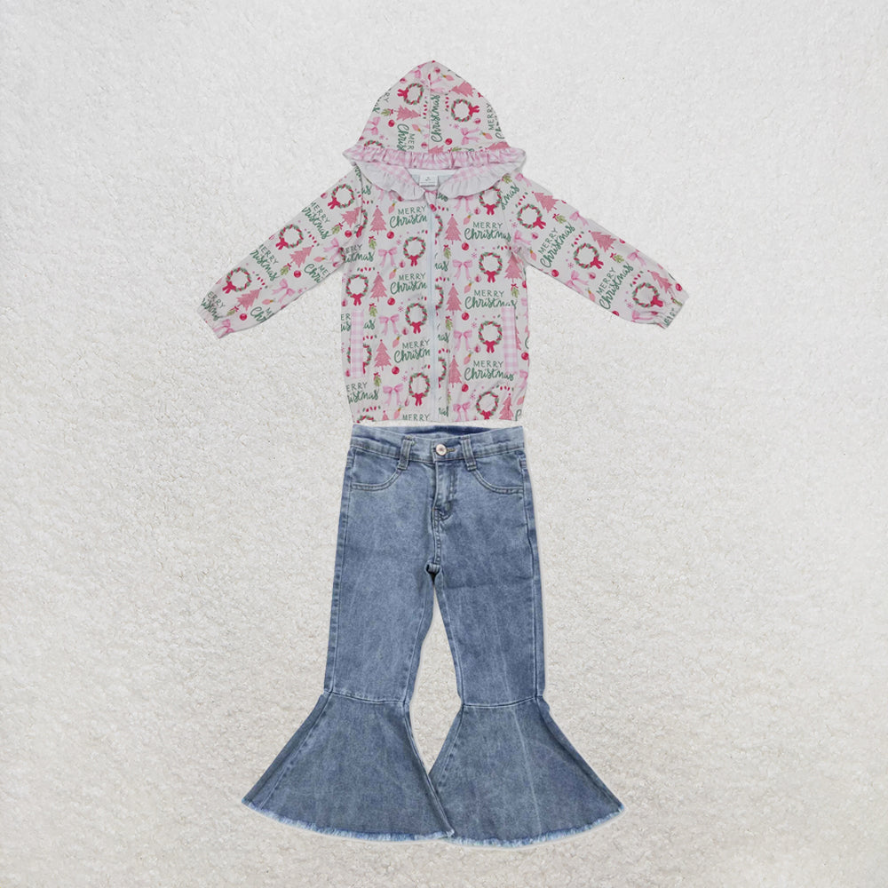 NEW RTS NO MOQ Denim GT1822+P0325 Baby Girls Pink Christmas Print Ruffle Hooded Zip Jacket And Light Blue Pockets Denim Bell Bottom Pants Set
