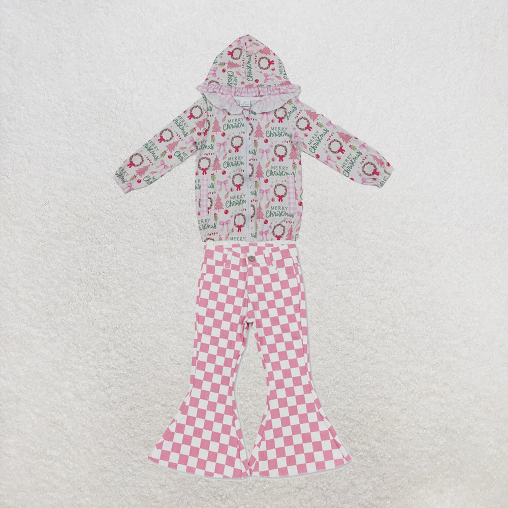 NEW RTS NO MOQ Denim GT1822+P0348 Baby Girls Pink Christmas Print Ruffle Hooded Zip Jacket And Pink Checkered Denim Bell Bottom Pants Set