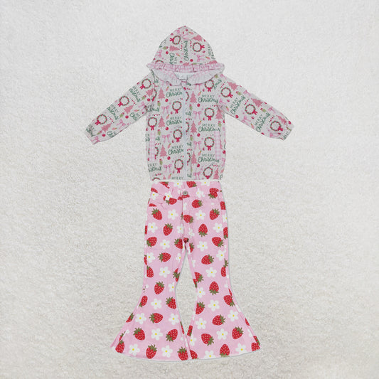 NEW RTS NO MOQ Denim GT1822+P0396 Baby Girls Pink Christmas Print Ruffle Hooded Zip Jacket And Strawberry Flowers Denim Bell Bottom Pants Set