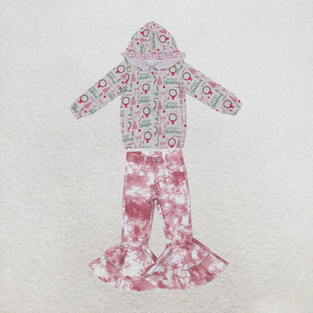 NEW RTS NO MOQ Denim GT1822+P0399 Baby Girls Pink Christmas Print Ruffle Hooded Zip Jacket Pink Tie Dye Double Ruffle Bell Flare Denim Pants Set
