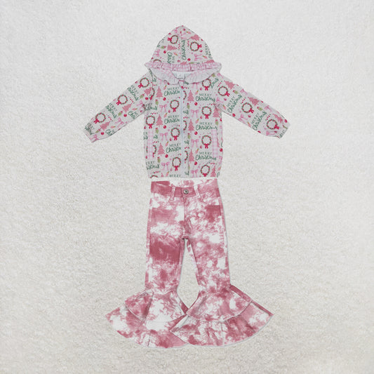 NEW RTS NO MOQ Denim GT1822+P0399 Baby Girls Pink Christmas Print Ruffle Hooded Zip Jacket Pink Tie Dye Double Ruffle Bell Flare Denim Pants Set